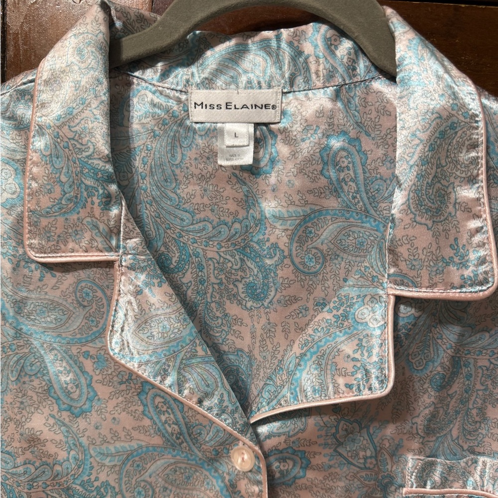 Miss Elaine 2 piece pajama set sz large pink and blue paisley satin - Picture 5 of 8